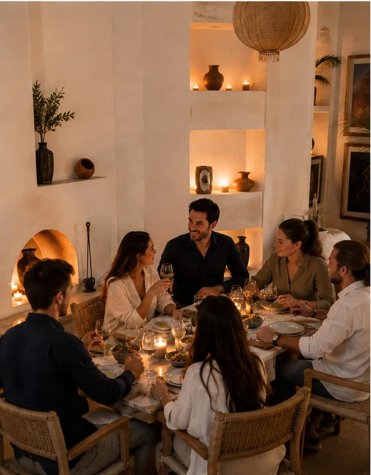 Grupo de amigos cenando a la luz de las velas en el patio del riad