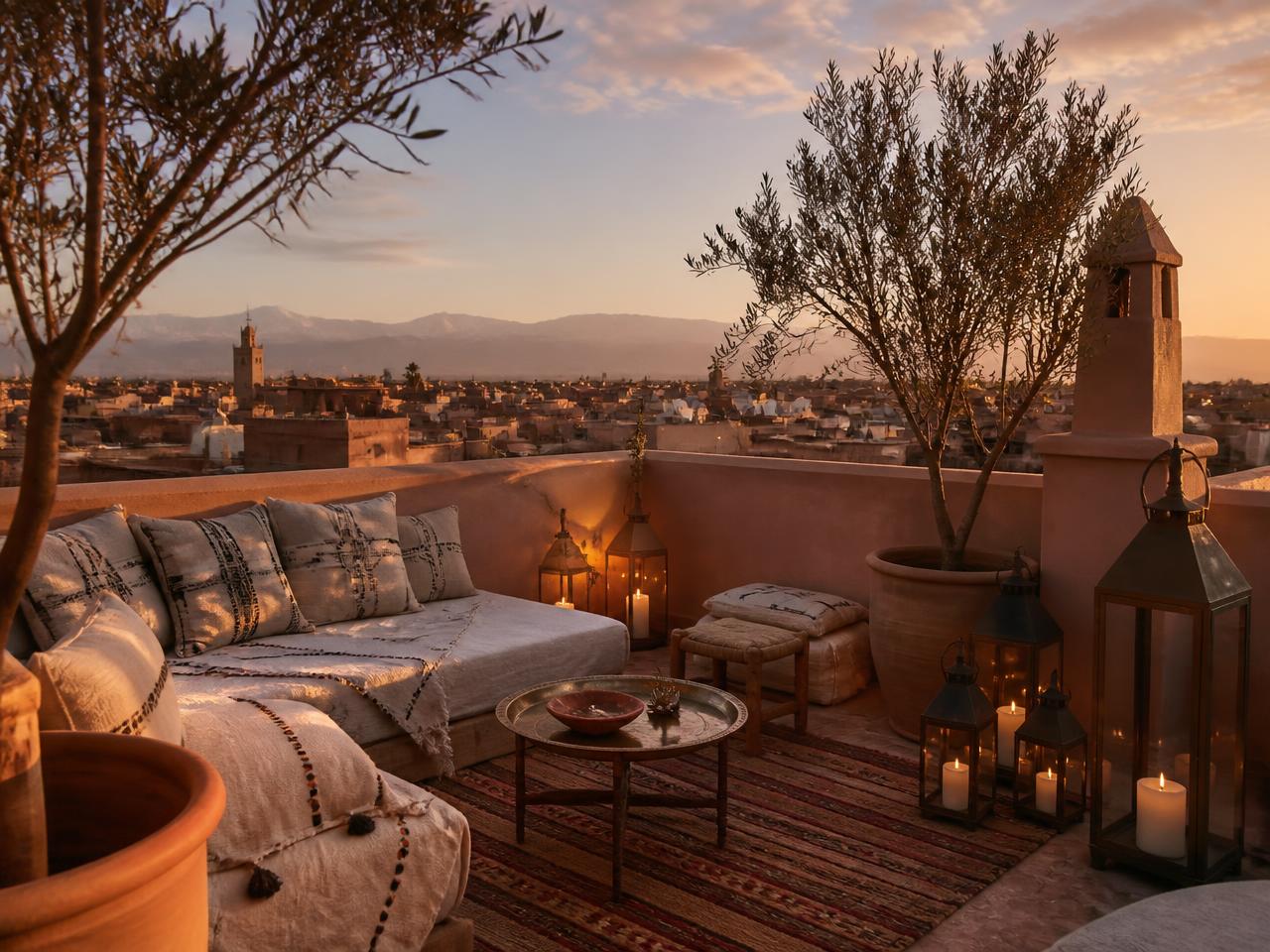 Terrasse du riad au coucher du soleil, vue sur la médina