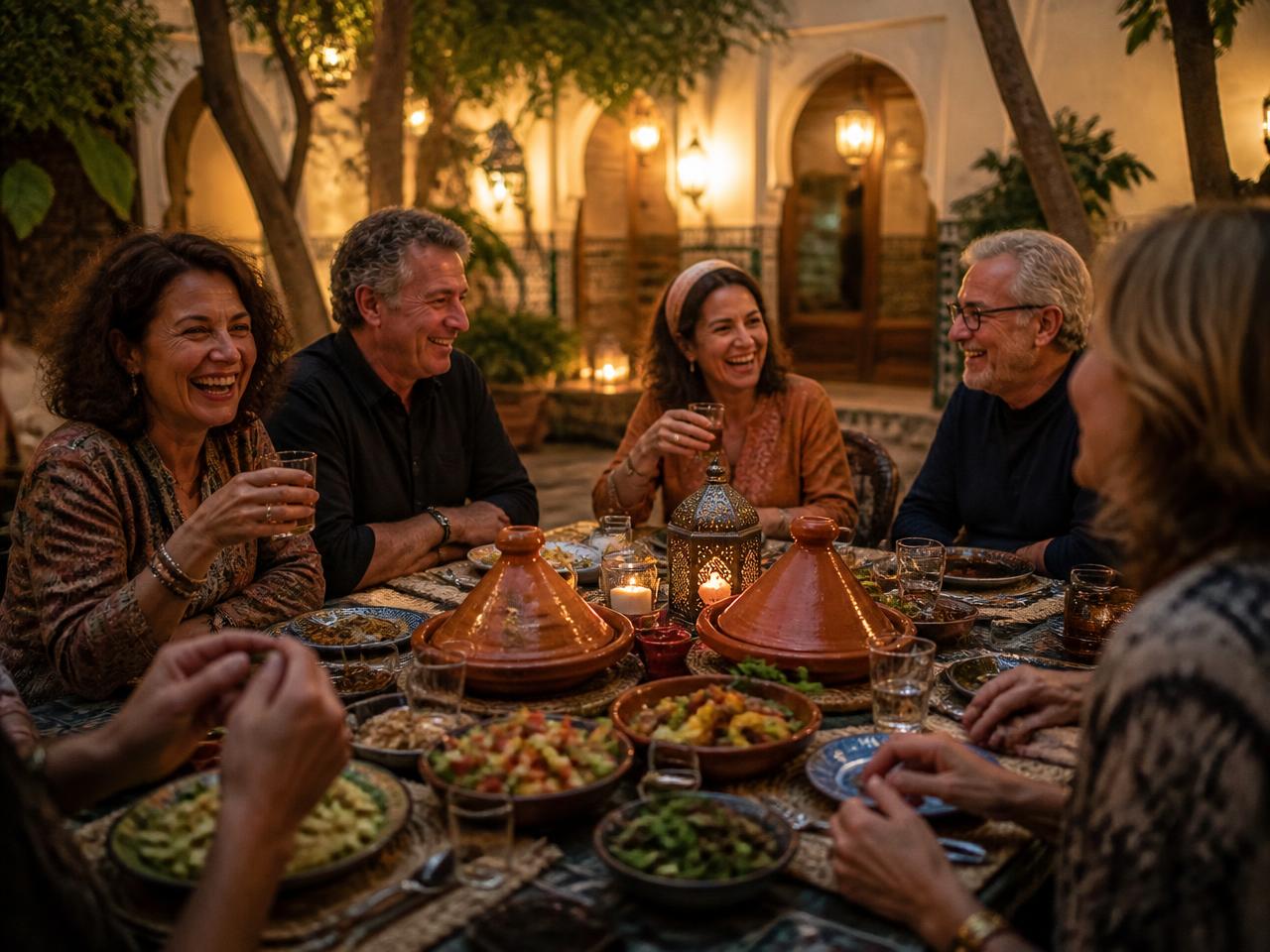 Groupe d'amis riant autour d'un dîner marocain au riad