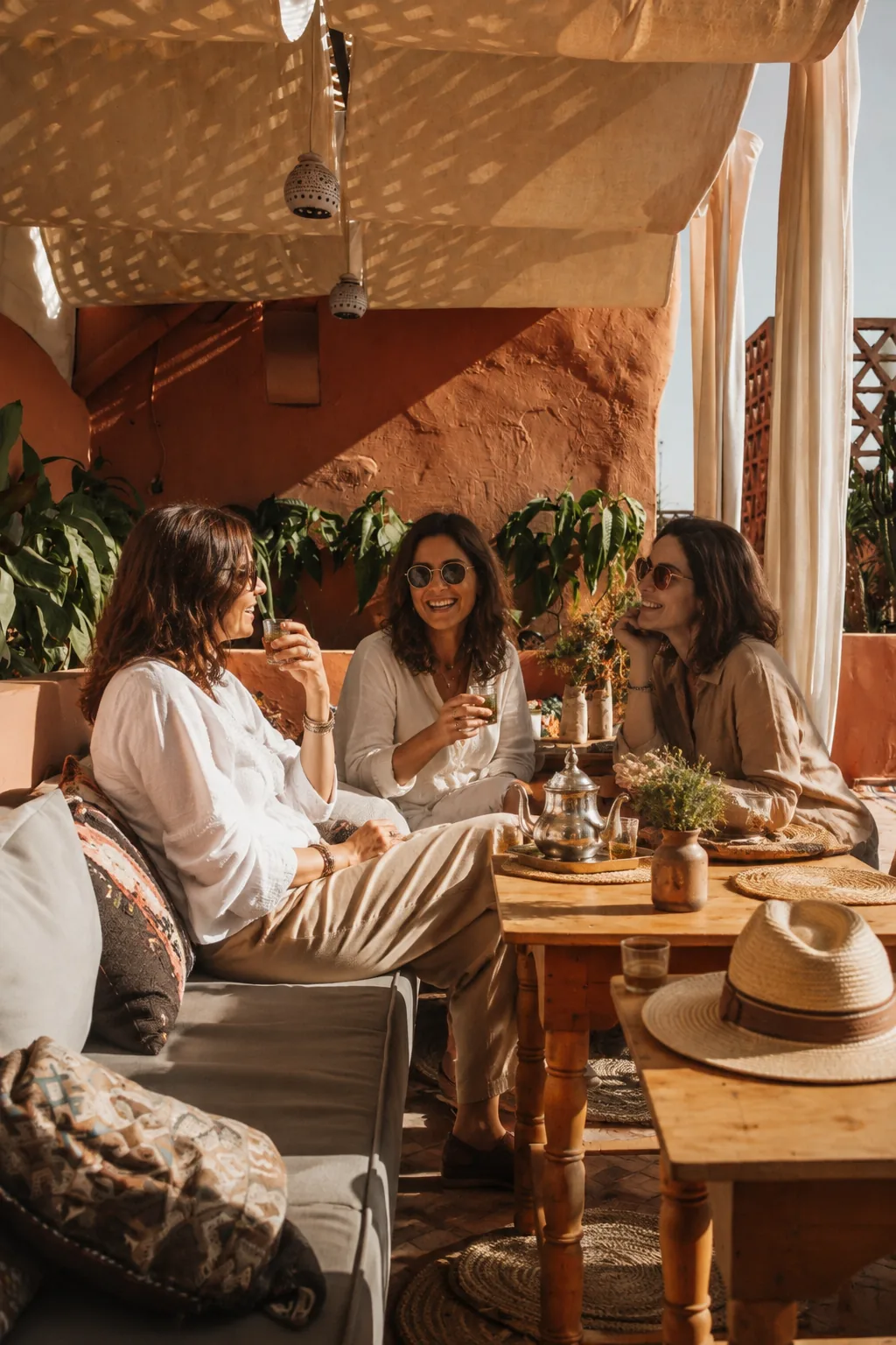 Tres amigas compartiendo té en la terraza soleada del riad